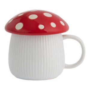 Mushroom Lidded Ceramic Mug, White with Red Polka-Dot Lid, NWOT